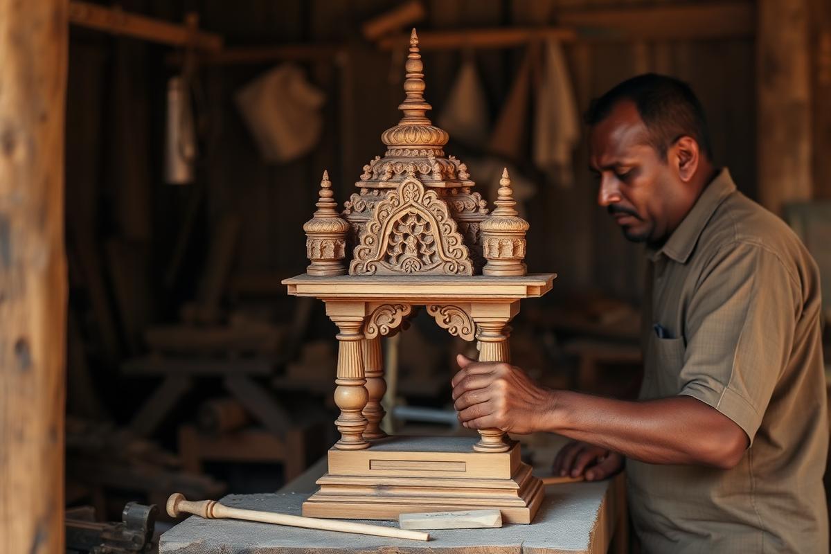 Master artisan carving a handcrafted wooden temple